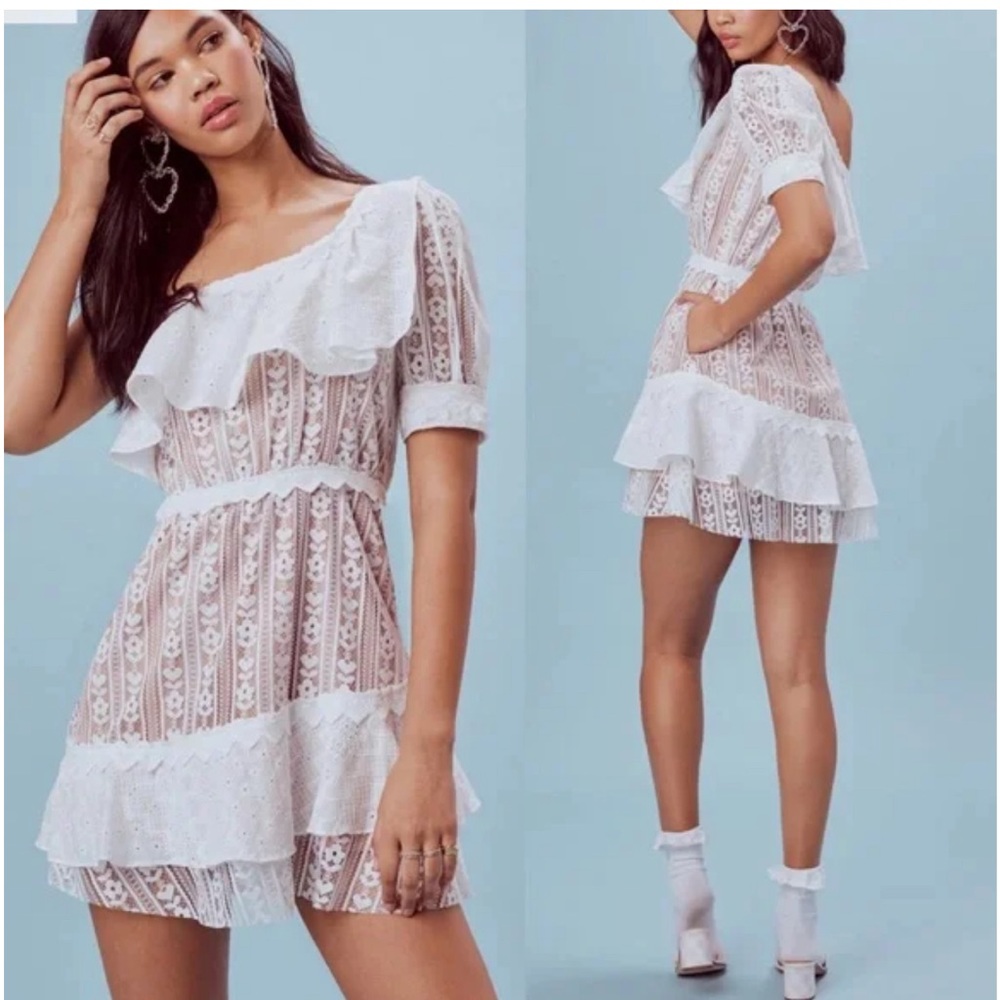 For Love and Lemons Lovebird Lace One Shoulder Mini Dress Size: Medium